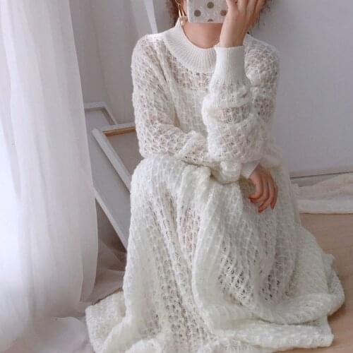 Temperament Autumn White Matching Sets Pullovers Half High Collar Sweaters Hollow Out Knitted Tops Loose Knitting Skirts Wild
