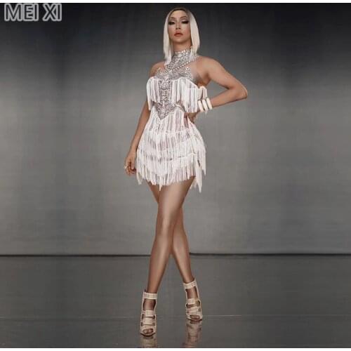 Unique white printed tassel spandex onesie nightclub bar concert DJ singer/dancer costume
