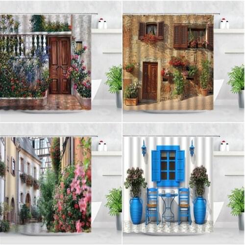 Street View Waterproof Shower Curtains Flowers Plants Wooden Door Printing Scenery Fabric Bathroom Decor Screen Bath Curtain Set
