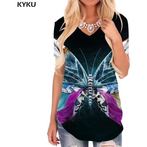 KYKU Butterfly T-shirt women Animal Funny T shirts Colorful V-neck Tshirt Harajuku Shirt Print Womens Clothing Hip hop Loose