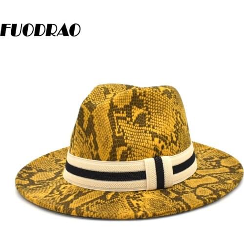 FUODRAO Fashion Snake Print Fedora Hat Women Autumn Winter Wool Large Brim Ribbon Cowboy Hat Men Retro Jazz Cap F118