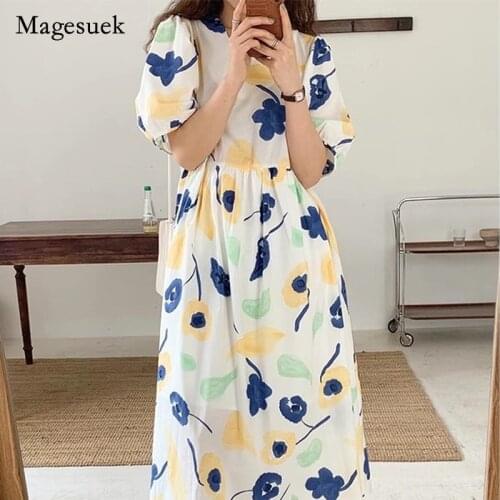 2021 New Summer Loose Dress Puff Sleeve Temperament V-neck High Waist Medium Length Dress Sweet Cute Floral Dress Vestido 15733