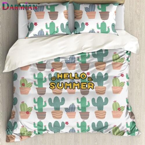 DARMIAN Cartoon Cactus Pattern Bedding Duvet Cover Set and Pillowcase Bed Linen Fashion Design Comforter Cover Bedding Set 3Pcs
