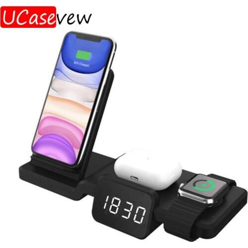 4 in 1 Wireless Charging Clock Base Pad For IPhone 12 Pro Mini Watch 6 5 4 3 Qi Wireless 15W Fast Multifunction Wireless Charger