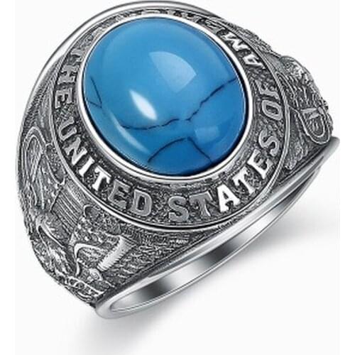 925 Sterling Silver Inlay Big Blue Turquoise Flying Eagle English Letter Ring Jewelry