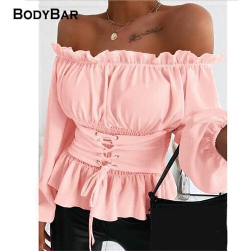 Sexy One-neck Corset Shirt Pink Off-the-shoulder Top Spring Long-sleeved Tie Blouse For Ladies 2021 Elegant Backless Tops Blusa