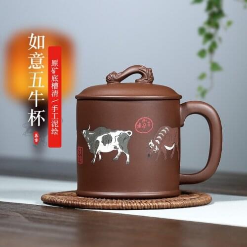 Zhenyi Yixing Zisha Cup tea cup with cover hand painted office tea gift cup Ruyi Wuniu cup
