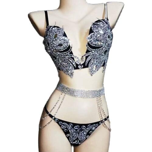 Floral Pattern Rhinestones Chain Decoration Black Bikini Sets Nightclub Dance Show Wear Sparkly Outfit For Women Uniform Costume