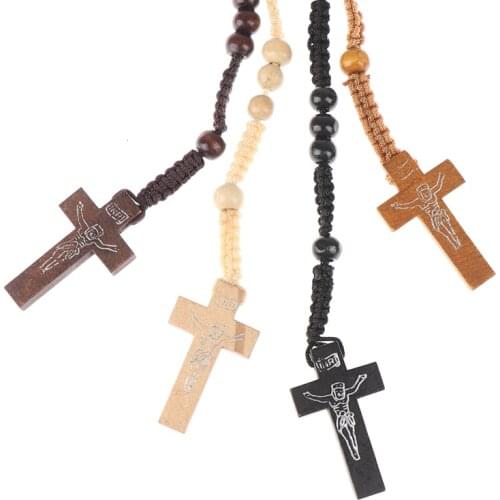 1Pc Christ Jesus Wooden Beads Rosary Bead Cross Pendant Catholic Cross Necklace
