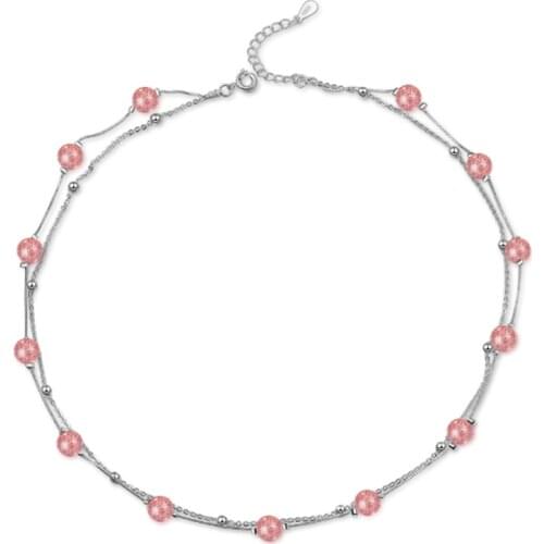 Korean version of the double-layer simple personality trend delicate pink strawberry crystal silver plated necklaces SE011