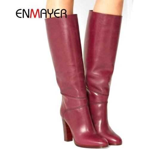 ENMAYER 2020 Fashion Shoes Woman Round Toe Basic Slip-On Knee-High Boots Women Square Heel Winter Over The Knee Boots 34-43