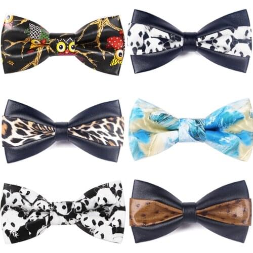 GUSLESON New Design Mens PU Leather Print Cartton Pattern Bowtie Fashion Men Wedding Bow Ties Casual Gift Bowties for Men