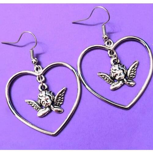 Goth Heart Angel Dangle Earrings for Women Metal Punk Hip Hop Fashion Cool Rock Earrings Jewelry 90s Style New 2021 Party