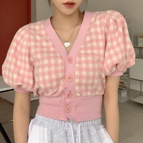 Cute Pink Plaid Knitted Cardigan Women Preppy Style Kawaii Short Puff Sleeve Knit Cardigans Autumn Summer V Neck Buttons Tops