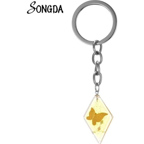 Kawaii Rhombus Color Butterfly Pattern Keychain Transparent Glass Surface Exquisite Butterfly Style Ladies Purse Jewelry Pendant