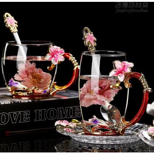 Red yellow lily Enamel Crystal Cup Flower Tea Glass High-grade Glass Cup Flower Mug with Handgrip Perfect Gift For Lover Wedding