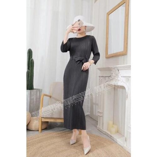 HOT SELLING Miyake fold classic three quarter dress 0-neck solid lace-up long dress IN STOCK