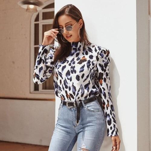 2020 Sexy Leopard Blouses Woman Stand Collar Lantern Long Sleeve Blouse Shirts Ladies Casual Print Tops New Autumn Zipper Shirt