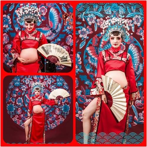 Maternity Dresses For Photo Shoot Pregnant Womens Costume Chinese Cheongsam National Clothing Headwear Tops and Skirt