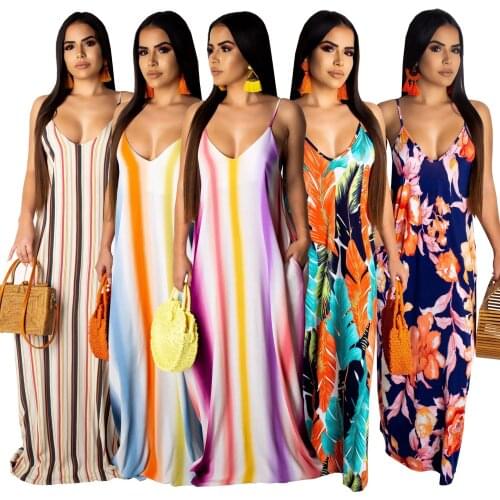 S-2XL summer 2021 dresses for women casual fashion Loose striped printed Sleeveless Sling long Dress Wholesale Dropshipping