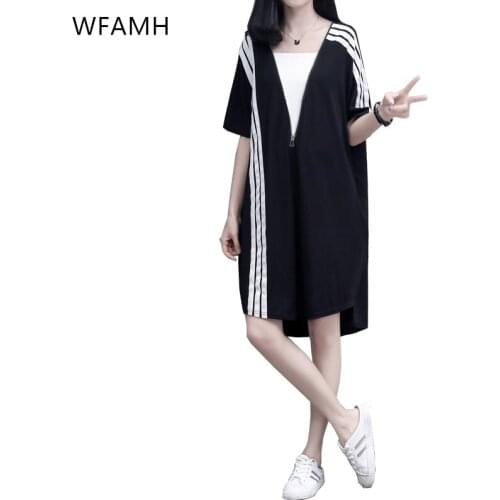 Sweater skirt T-shirt skirt 2020 summer new large size womens zipper loose and thin sports and leisure A-line dress Pockets