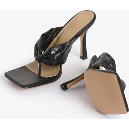 Women Sexy Fashion Solid Color Heels Shoes New Shiny Material Bright Color Flip Flops High-heeled Sandals Office Commute Slipper