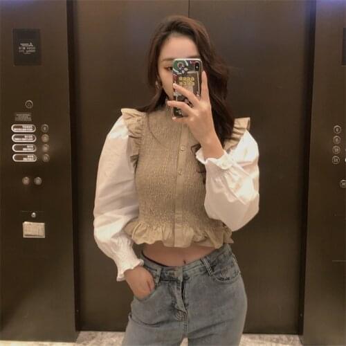 TRAF Women 2021 Fashion Patchwork Smocked Elastic Cropped Blouses Vintage Long Sleeve Ruffled Female Shirts Streetwear
