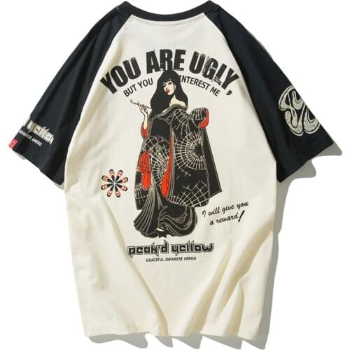 Japanese Ukiyo-e Personality Printed Beauty T-shirt Pure Cotton Breathable Loose Short Sleeve Mens and Womens Lovers Summer