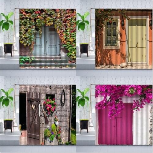 Vintage Street Scenery Shower Curtain Retro Town Wooden Doors Windows Flowers Plants landscape Farmhouse Bathroom Curtains Sets