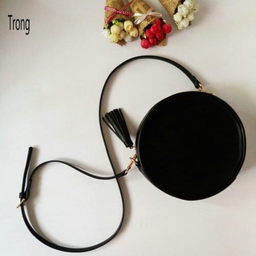 Trong womens classic round cute cross body bag girls fun compact messenger bag with tassel vintage light shoulder handbag