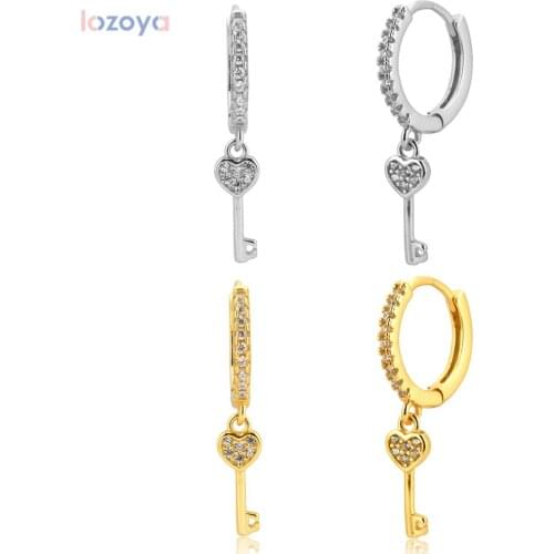 LOZOYA 925 Sterling Silver Keys Drop Earring Fine Jewelry Circle Round Loop Rock Punk Fashion Women 2021 Crystal Zircon CZ