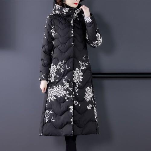 Winter Fall Women Female Hooded Black Red Blue Printed Flower Vintage Padded Parkas Coat , Woman Clohtes 4xl Warm Long Coats
