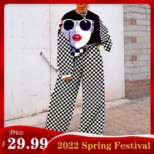 Women Autumn Winter Elegant Print Tops Two-Piece Sets New Fashion Casual Sweatshirt And Wide Leg Pants Suit Streetwear Tracksuit