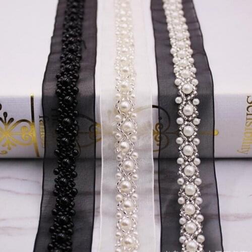 1Yards/Lot White Black Pearl Beaded Lace Ribbon Trim African Lace Fabric Beaded Fringe Embroidered Lace Handmade Beaded Fringe