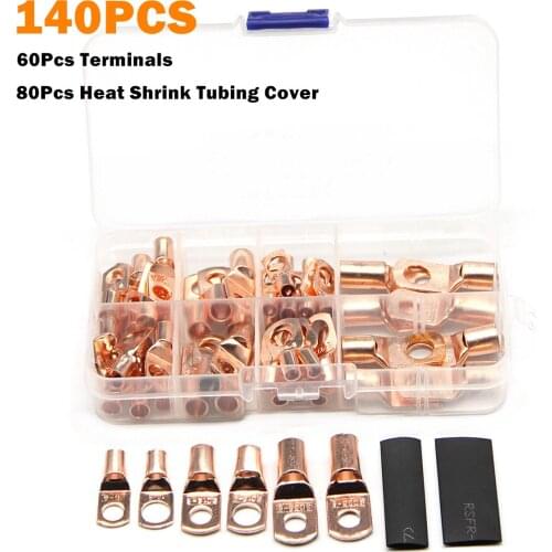 140PCS Assortment Electrical Wire Crimp Copper Lug Cable Bare Connectors Terminals SC 6-25 Kits