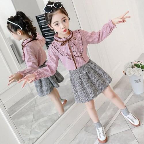 2020 Big Girls Fashion Princess Clothing Set 4-14age,Lace Tops Shirts+plaid Skirts,kids Children Spring Autumn Suits Clothes
