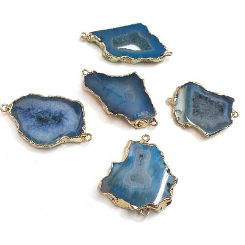 Irregular Shape Gold Plated Blue Agates Pendant Necklace Reiki Healing Natural Stone Amulet DIY Jewelry Gift Size 30x40mm