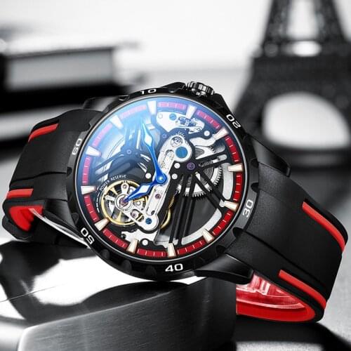 AILANG Mens Watch Automatic Hollow Stainless Steel Mechanical Waterproof Watch Motorcycle Dial Sports Luminous Mens Watch 6021