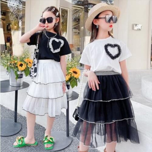 Cultiseed Girls Summer Cute Sweet Love Ruffled Short Sleeve T-Shirts+Mesh Cake Dress 2pc Sets Clothing Children Kids Casual Gown