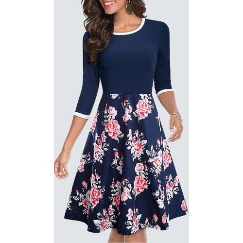 Classic O Neck Floral Patchwork Classy Fashion Charming New Year Party A Line Dress HA243