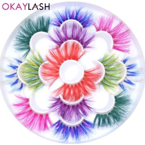 OKAYLASH 25mm mega full volume colored real mink fake eyelash multiple layered colorful wispy halloween rainbow lashes