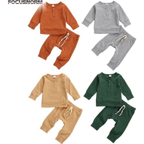 FOCUSNORM 0-18M Autumn Winter Baby Girls Boys Clothes Sets Solid Long Sleeve Pullover Sweatshirt Tops Pants