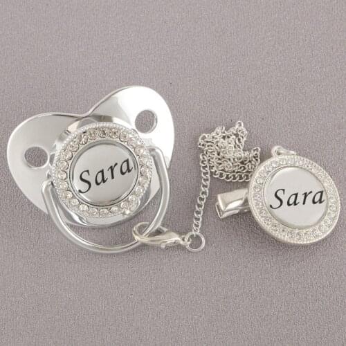 Personalized Name Bling Pacifier With Clip Luxury Silver Baby Soother BPA Free Dummy Nipple Baby Shower Gift Sucette Chupeta