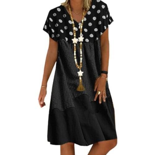2020 Women Short Sleeves V-Neck Loose Midi Dress Plaid Polka Dot Patchwork Sundress Summer Ladies Beach Dress Plus Size