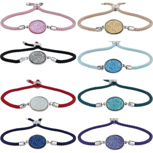 SUNYIK Oval Natural Crystal Druzy Titanium Coated Macrame Adjustable Friendship Bracelet,Cord Bracelets 8.5"
