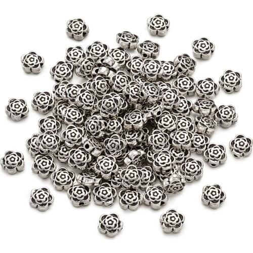 100pcs Tibetan Antique Silver Color Flower Loose Beads Spacer Charms Beads for DIY Jewelry Making Bracelet Accessories 7x4mm