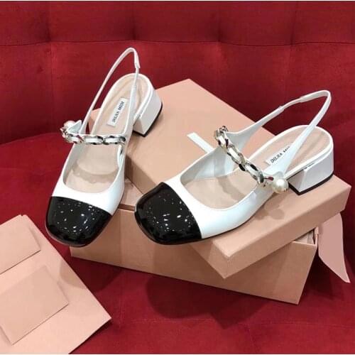 Sexy lady fashion women shoes black white patent leather pearls maryjane SQUARE Toe slingback middle high heels pumps