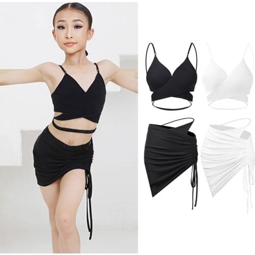 Summer New Latin Dance Tops Girls Hollow Drawstring Skirt Kids Latin Dance Practice Clothes Samba Performance Costume DNV14939