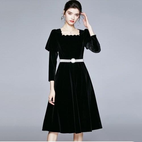 French Style Puff Sleeve Vintage Black Velvet Dress Autumn Winter High Quality Fashion Ruway Dresses Midi-calf Vestido De Mujer