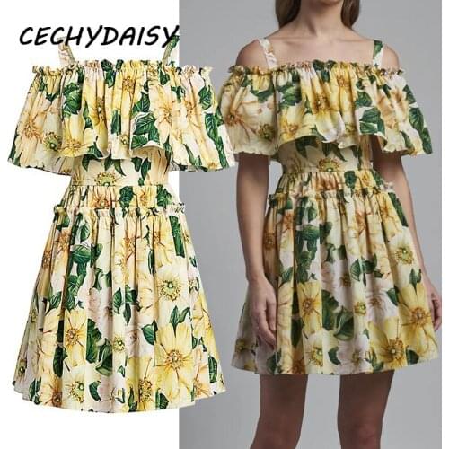 Short Sleeve Dress Women Runway 2021 High Waist Sexy Slash Collar Yellow Floral Printed Y2k Plus Size Boho Beach Summer Dresses
